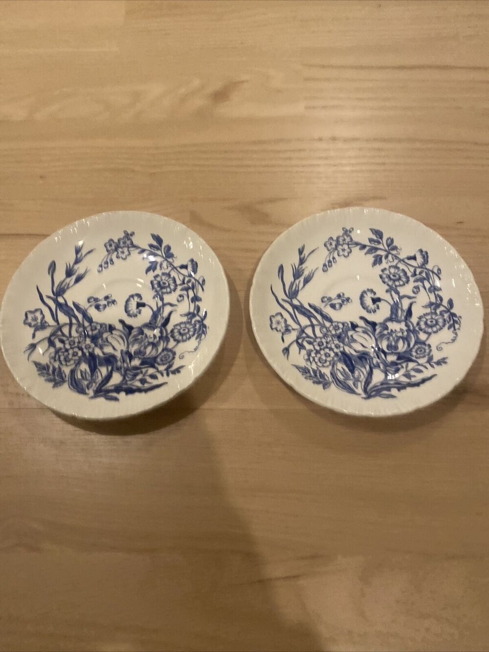 Wedgwood Ranunculus Blue Shell Edge Set Of 2 Saucers Cobalt Blue Flowers England